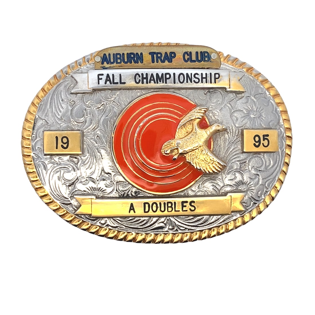 1995 Auburn Trap Club Fall Championship Shooting Trophy Belt Buckle: 1995 Auburn Trap Club A Doubles Fall Championship shooting trophy belt buckle by Linden Trophy Co., 3.5"W x 2.75"H