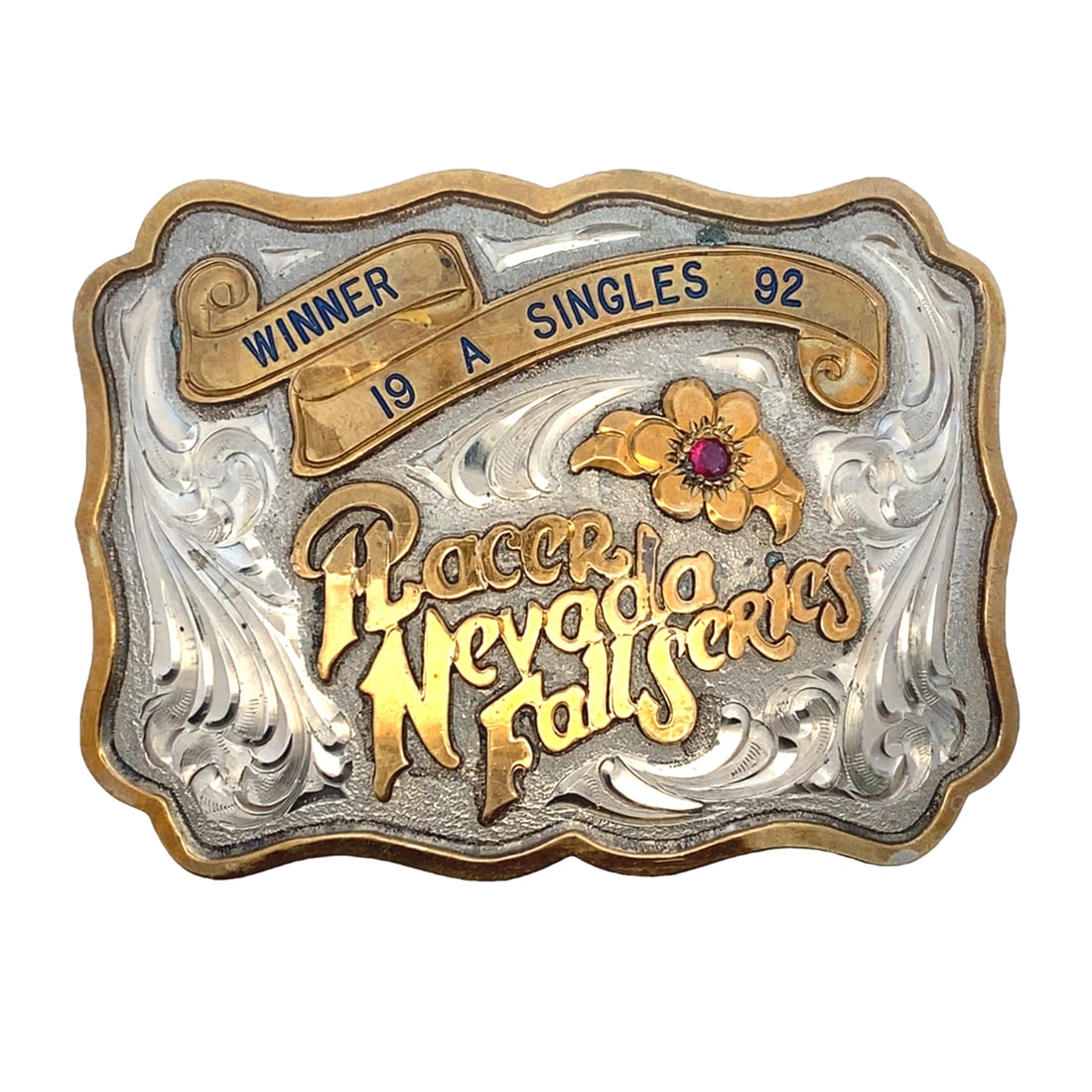 Placer Nevada Fall Series Winner Shooting Trophy Belt Buckle: Duarte Nickel Silver Placer Nevada Fall Series Winner 19A Singles 1992 shooting trophy belt buckle, 3.25"W x 2.5"H