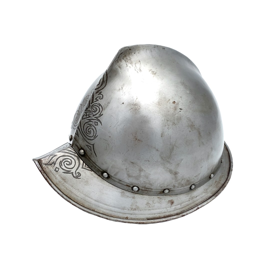 Antique European Cabasset Armor Helmet: Antique Spanish or Italian cabasset helmet, Height: 18.5 cm, Length: 34.5 cm, Width: 24 cm 1.94kg / 1,940 grams