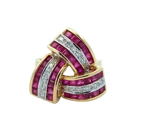 Ruby and Diamond Triskele Pattern Ring in 14K Gold