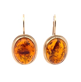 Oval Amber Earrings in 14K Yellow Gold
