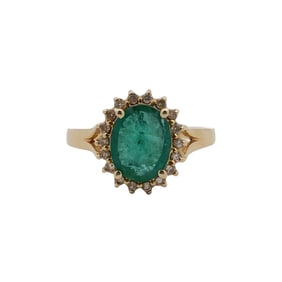 Estate Oval Natural Emerald and Diamond Ring in 14K Gold