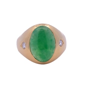 Estate Fei Cui Jadeite Jade and Diamond Mens Signet Ring in 18K Gold
