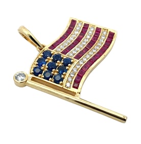 Ruby, Sapphire and Diamond United States Flag Pendant in 14K Gold