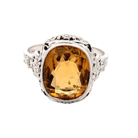 Estate Vintage Citrine Ring in 14K White Gold