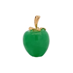 Green Jadeite Carved Apple Pendant in 14K Yellow Gold