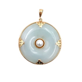 Chinese Jadeite and Pearl Bi Disc Pendant in 14K Gold