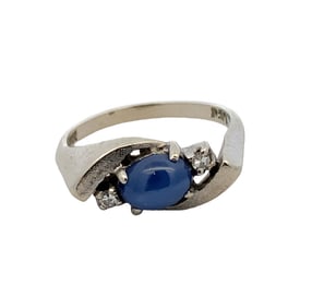 1950s Blue Star Sapphire and Diamond Ring in 14k White Gold