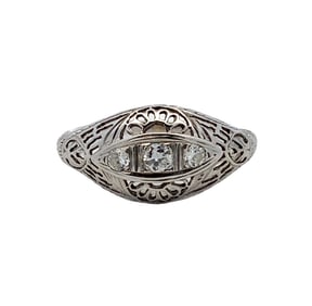 1920s Art Deco Three Stone Diamond Filigree Ring in 18K White Gold
