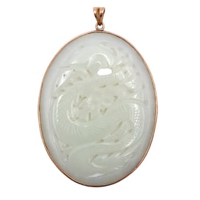 Carved Jade Dragon Pendant in 14K Yellow Gold