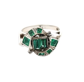 Circa 1920s Colombian Emerald and Sapphire ring in 18K White Gold