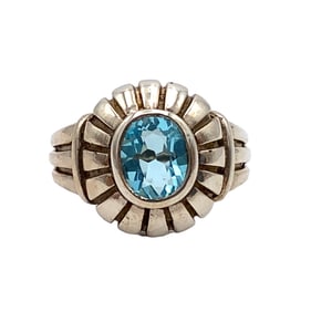 Vintage Designer Oval Blue Topaz Ring in Sterling Silver