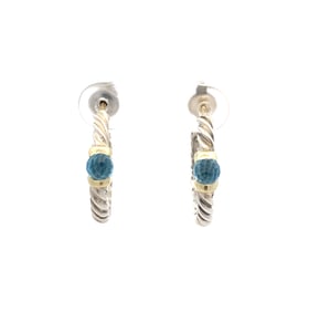 David Yurman Blue Topaz Hoop Earrings in Sterling Silver and 14K Gold