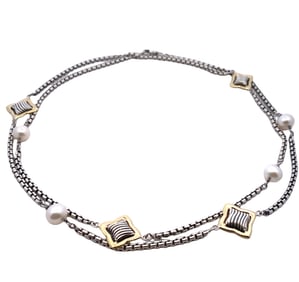 David Yurman Quatrefoil Station Necklace with Pearl in Sterling Silver and 18K Gold