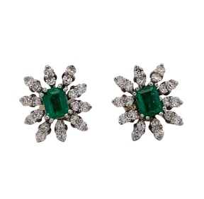 Estate Emerald and Diamond Earrings in 18K White Gold