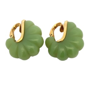 Vintage 1976 Givenchy Faux Jade half hoop Clip Earrings in Yellow Gold