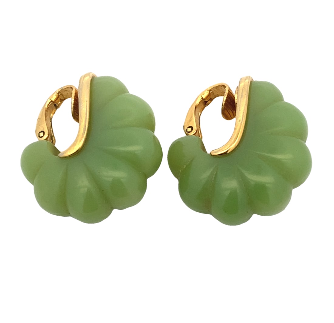 Vintage 1976 Givenchy Faux Jade half hoop Clip Earrings in Yellow Gold: 1976 vintage Givenchy Faux Paris New York, Metal type: yellow gold, Stone: Jade, Design: Half hoop clip earrings, Measurement: 1 cm L x 2.5 cm H, Weight: 11.5 grams