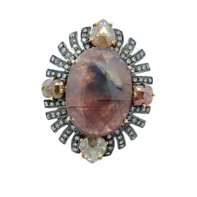 Estate Diamond and Sapphire Starburst Style Cocktail Ring in Sterling Silver and 14K Gold