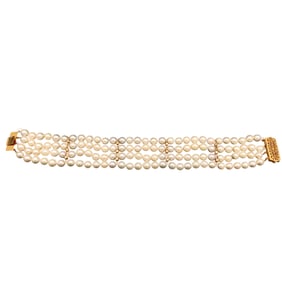 Vintage Pearl and Diamond Multi Strand Bracelet in 14K Gold