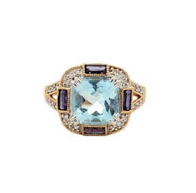 Designer Aquamarine, Tanzanite and Diamond Fashion Ring in 14K Gold