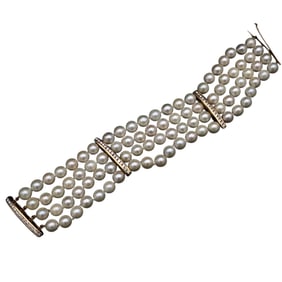 Pearl Multi Strand Bracelet with Diamond in 14K Yellow Gold