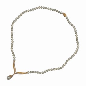 Estate Pearl and Diamond Necklace in 14K Yellow Gold