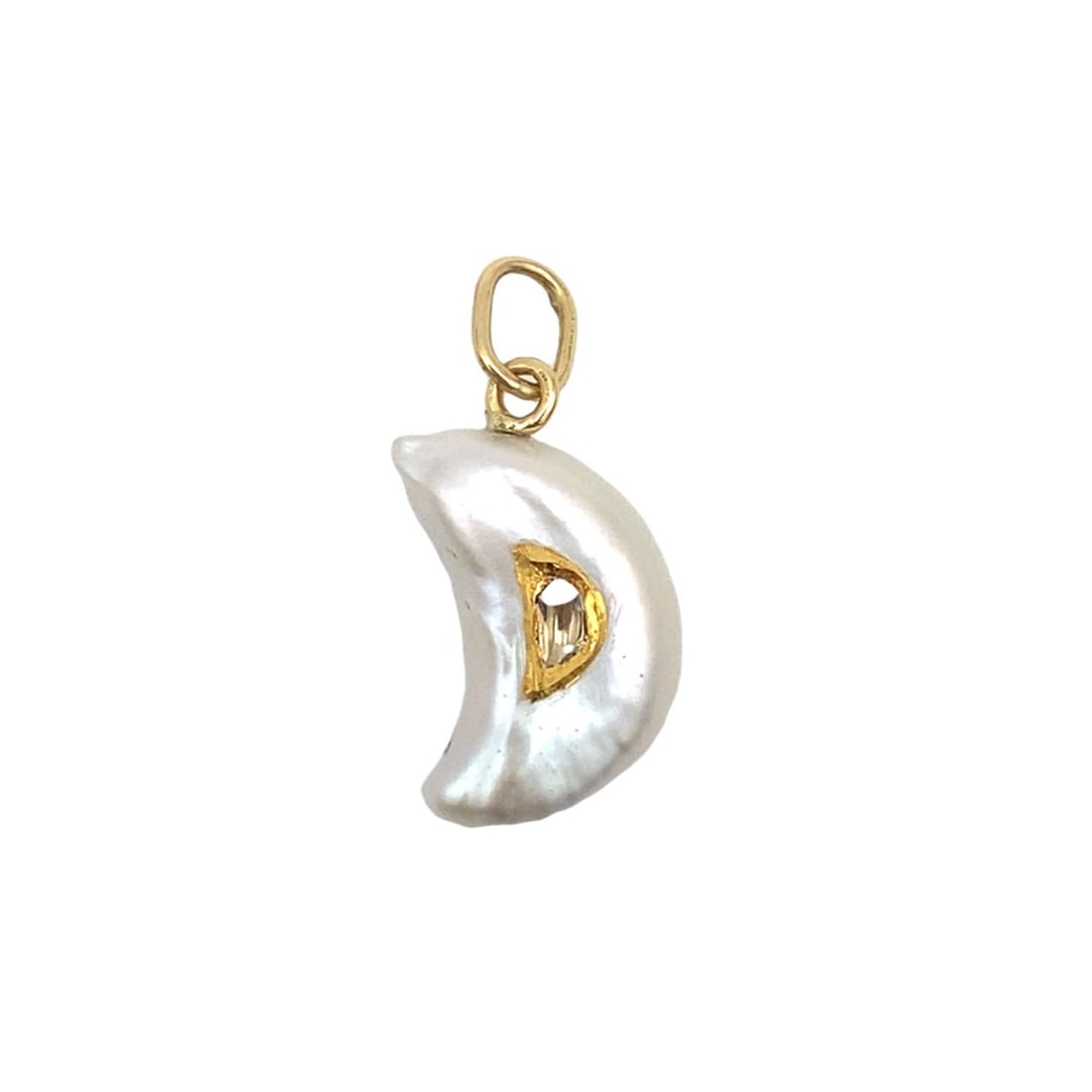 Crescent Moon Pearl and Inlay Diamond Pendant in 14K Yellow Gold: Metal type: 14k yellow gold, Gemstones: Pearl and inlaid diamond, Design: Crescent moon pendant, Measurement: 1.5 cm L x 3 cm H including bail, Weight: 3.3 grams