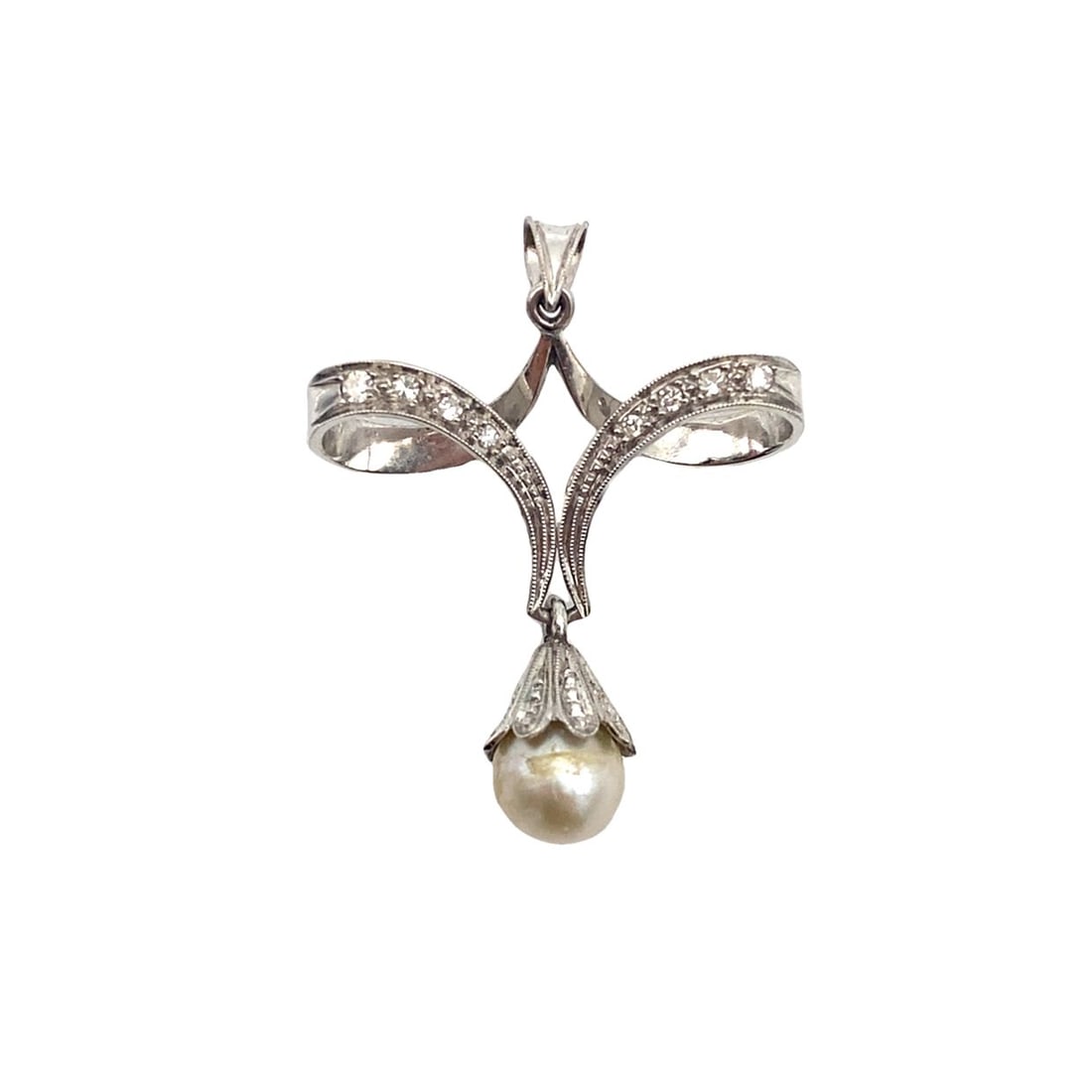 Antique Estate Pearl and Diamond Lavalier Pendant in 18K White Gold (1 of 4)