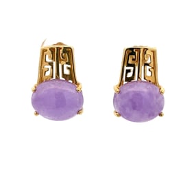 Estate Lavender Jade Greek Key Earrings in 14K Yellow Gold