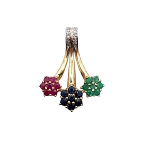 Designer Diamond, Emerald, Ruby and Sapphire Pendant in 14K Gold