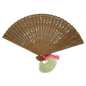 Vintage Chinese Wood Fan with Jade Carving