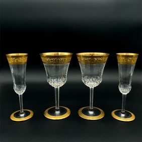 Saint Louis Crystal Thistle Champagne Flute Gold Trim 4 Piece Set
