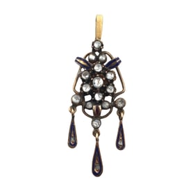 Antique Diamond Pendant with Blue and Red Enamel in 14K Gold