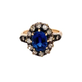 Estate Synthetic Sapphire and Diamond Ring in 14K Yellow Gold