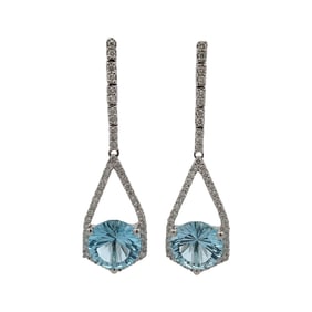 Diamond and Fantasy Cut Blue Topaz Earrings in 18K White Gold