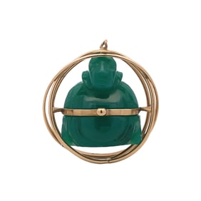 Buddha Chalcedony Carved Pendant in 14K Yellow Gold