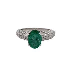 Single Emerald and Diamond Ring in 14K White Gold