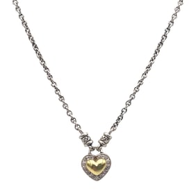 Puffed Heart Sterling Silver and 18 Karat Yellow Gold Necklace