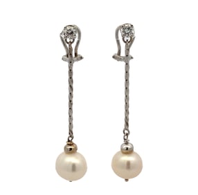 Circa 1980s Diamond Drop Earrings with Pearls in 14K White Gold