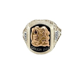 Circa 1928 Initial E Green Bay Class Ring in Two Tone 14 Karat Gold