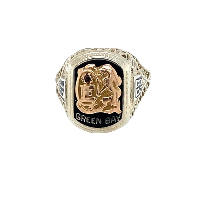 Circa 1928 Initial E Green Bay Class Ring in Two Tone 14 Karat Gold (1 of 5)