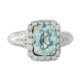 1990s 3 Carat Aquamarine with Diamond Halo and 14K Gold Ring