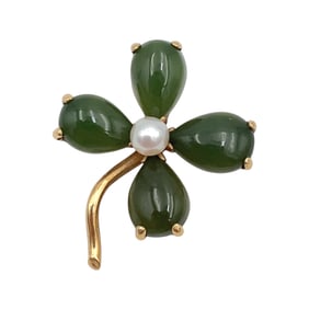 Jade and Pearl Clover Pin in 14K Yellow Gold