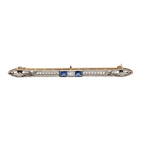 Circa 1920s Diamond and Sapphire Bar Brooch in 14K Yellow Gold and Platinum