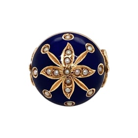 Estate Blue Enamel and Seed Pearls Ring in 14K Yellow Gold