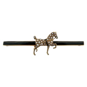 Antique 1920s Seed Pearl Equestrian Horse Brooch in 12K Yellow Gold