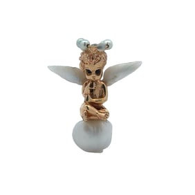 Vintage Pearl Cherub Brooch in 14K Yellow Gold
