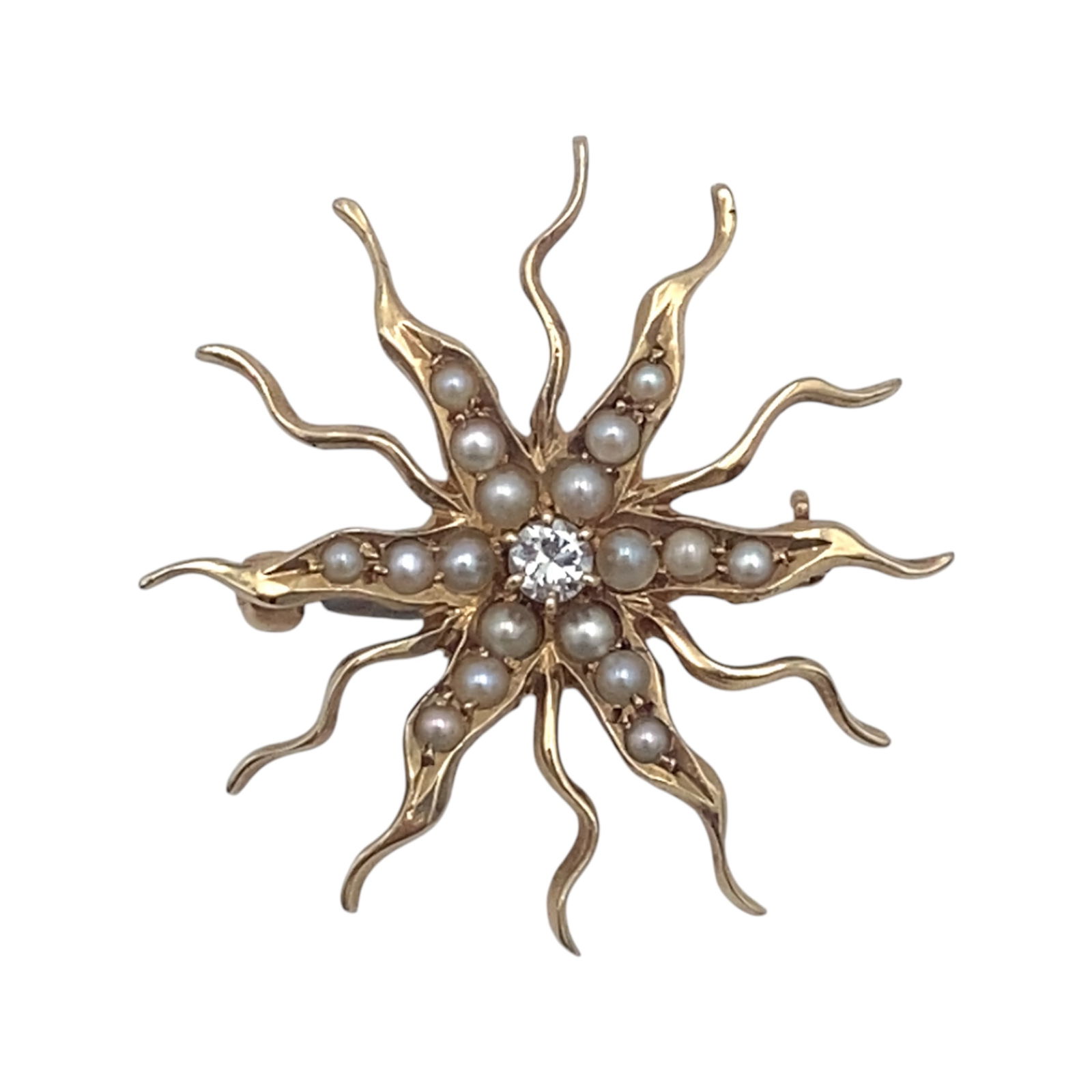 Vintage Pearl and Diamond Starburst Brooch in 14K Yellow Gold (1 of 5)