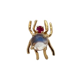 Estate Moonstone and Ruby Spider Pin in 14K Gold