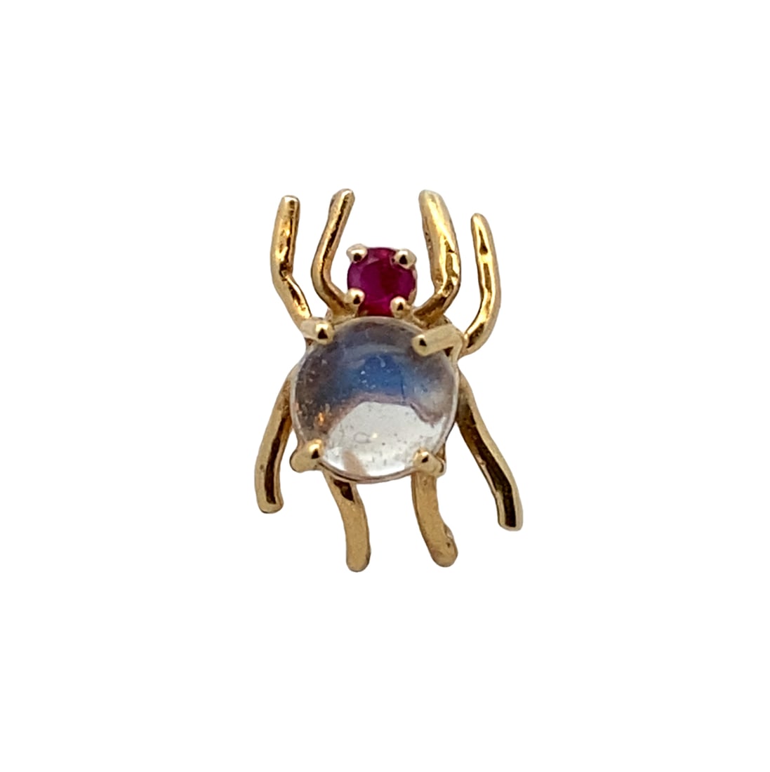 Estate Moonstone and Ruby Spider Pin in 14K Gold: Estate, Metal type: 14k yellow gold, Gemstone: Moonstone - 6 mm diameter and ruby - 2 mm diameter, Design: spider pin, Measurement: 1 cm L x 1.3 cm H, Weight: 1 gram